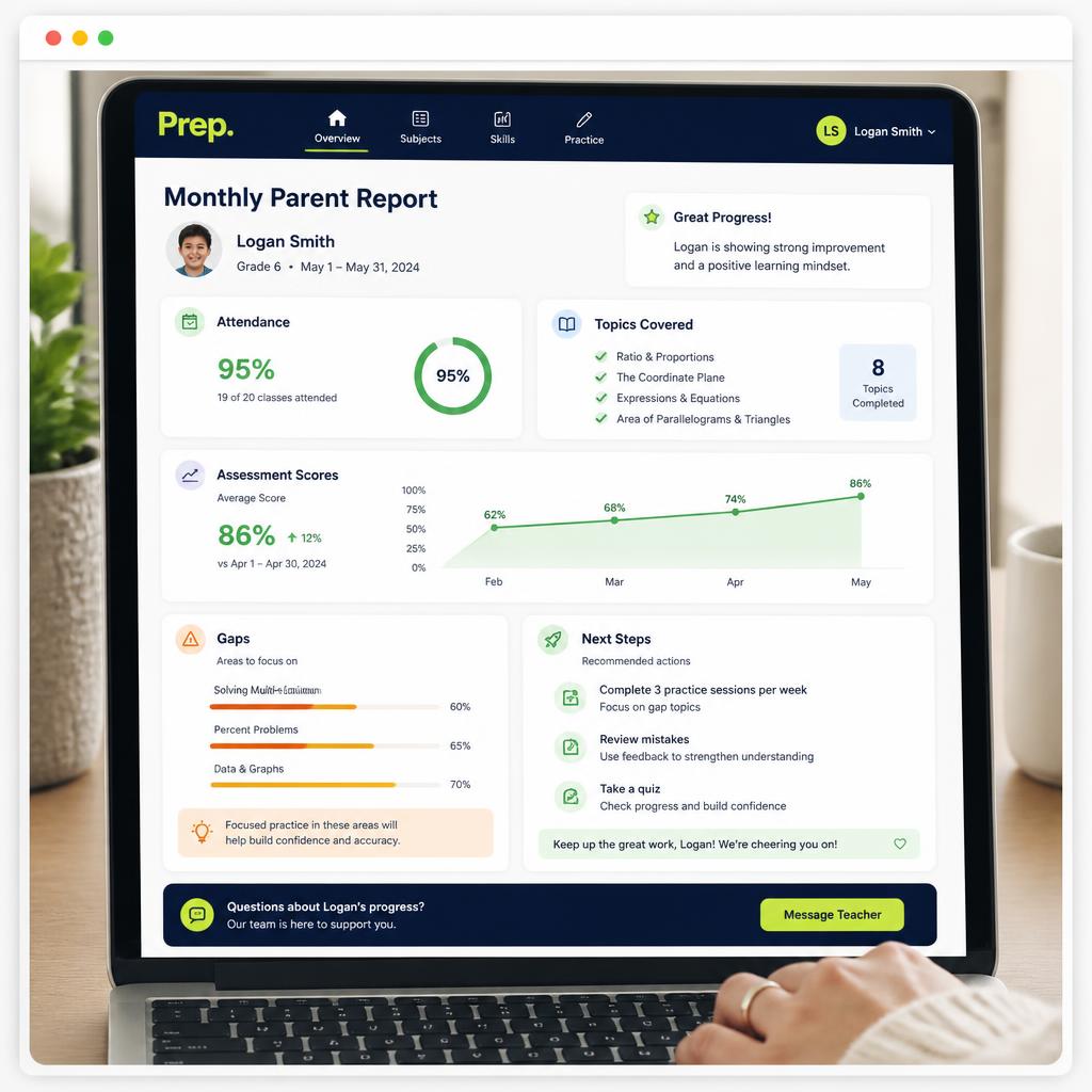A Prep monthly parent report showing attendance, topics, scores and next steps