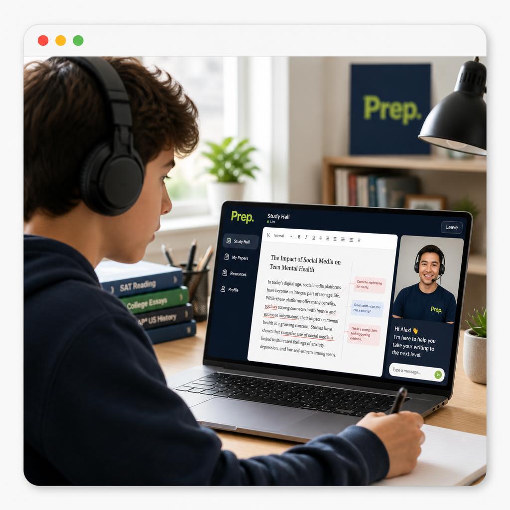 A student working independently in Prep Study Hall with a tutor available on screen